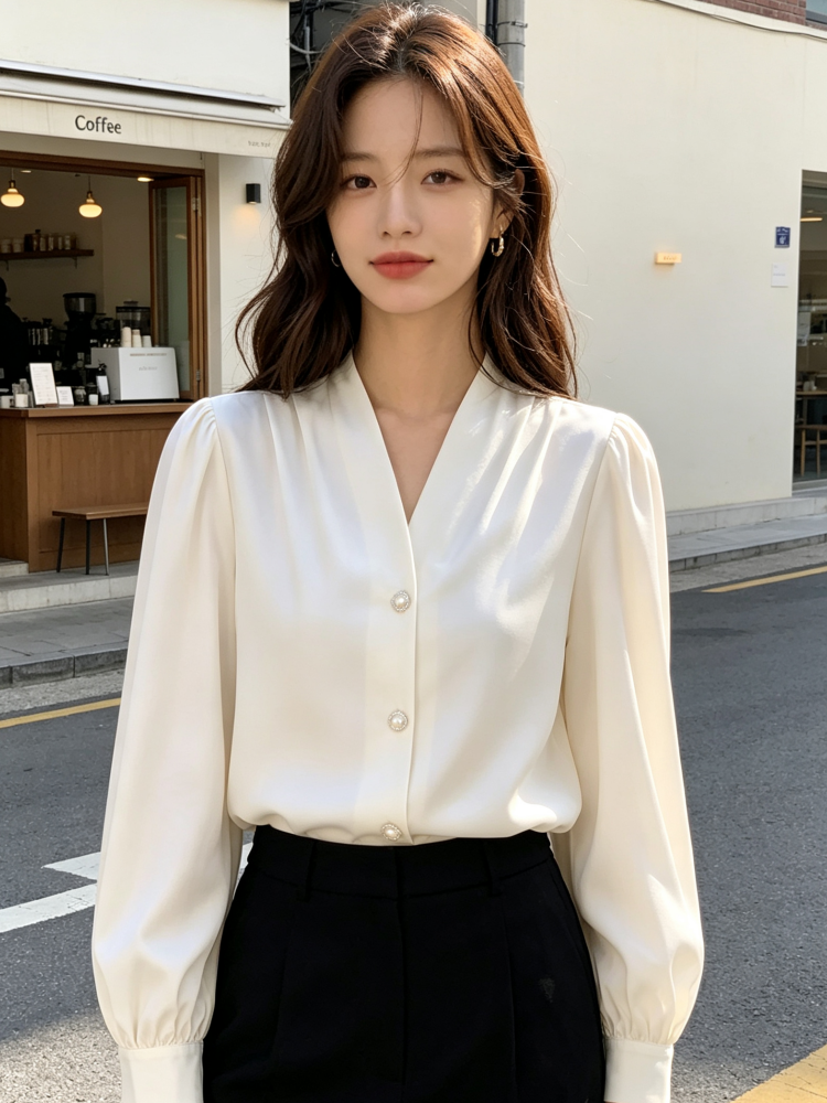 Chemisier élégant pour femme à col en V et manches longues bouffantes, chemise de bureau décontractée chic avec boutons en perles et plis sur le devant en satin