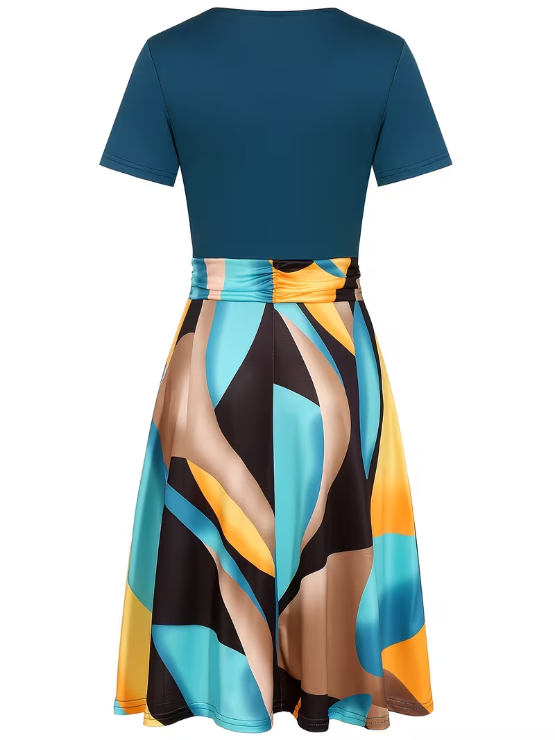 Robe midi portefeuille grande taille pour femme, col en V, imprimé abstrait, avec ceinture, coupe évasée, pour les vacances d'été