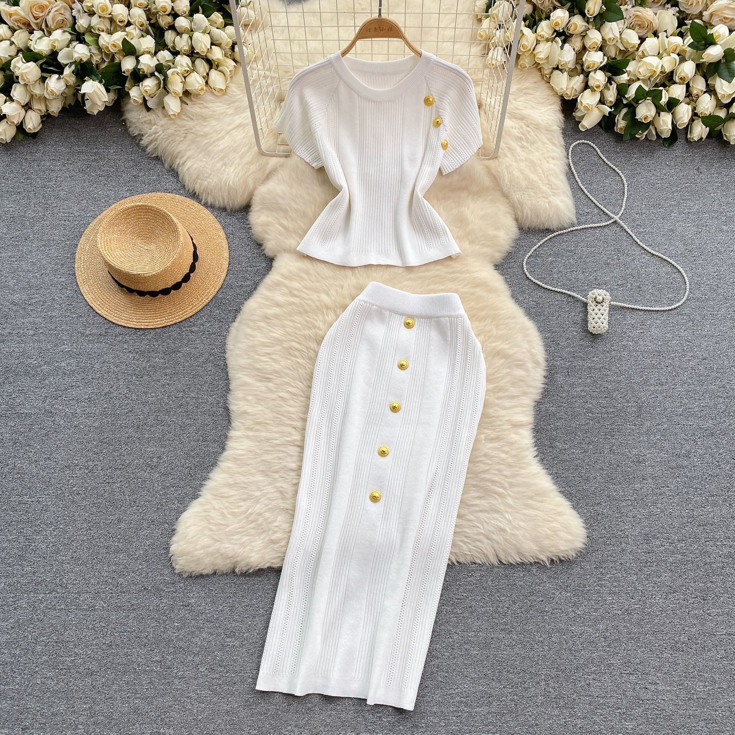 Ensemble jupe deux pièces pour femmes, robe, manches courtes, hauts tricotés, taille haute, jupes longues, épissure élégante, Streetwear Y2k, travail