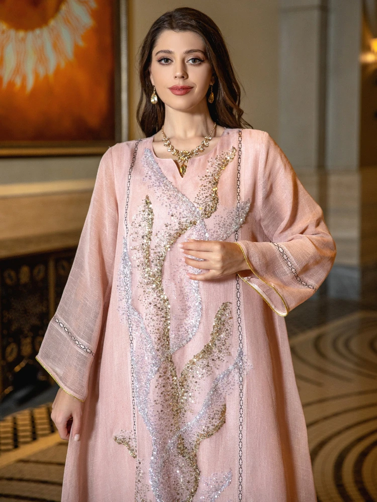 Abaya Jalabiya pour femmes musulmanes, robe de soirée longue, robe arabe éducative, paillettes marocaines, Kaftan Islam, Eid Party