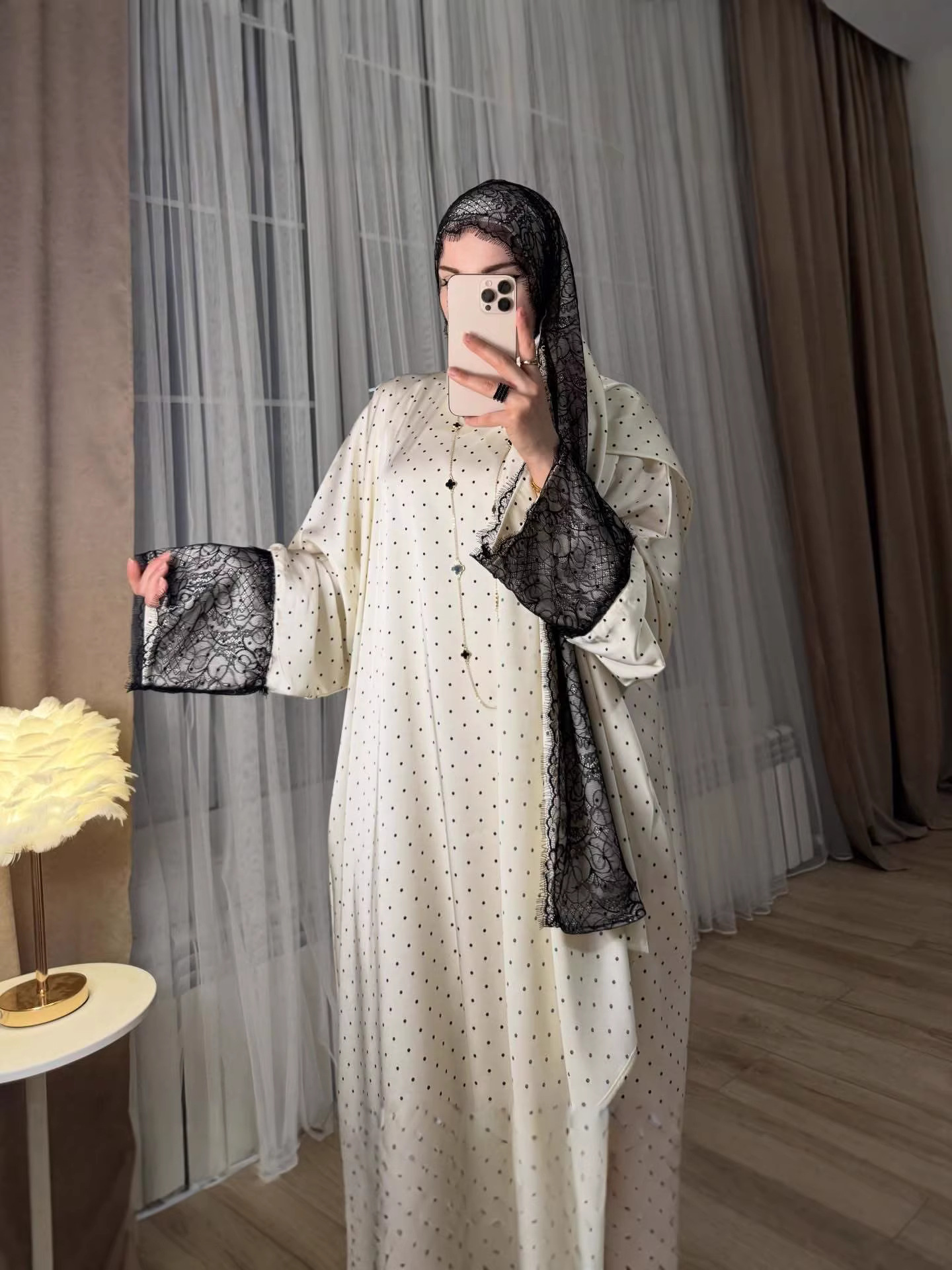 Robe Hijab pour femmes, ensemble de 2 pièces, dentelle, imprimé à pois, robe de fête musulmane, Khimar, Ramadan, Maroc, Kaftan, Vestidos, Jalabiya