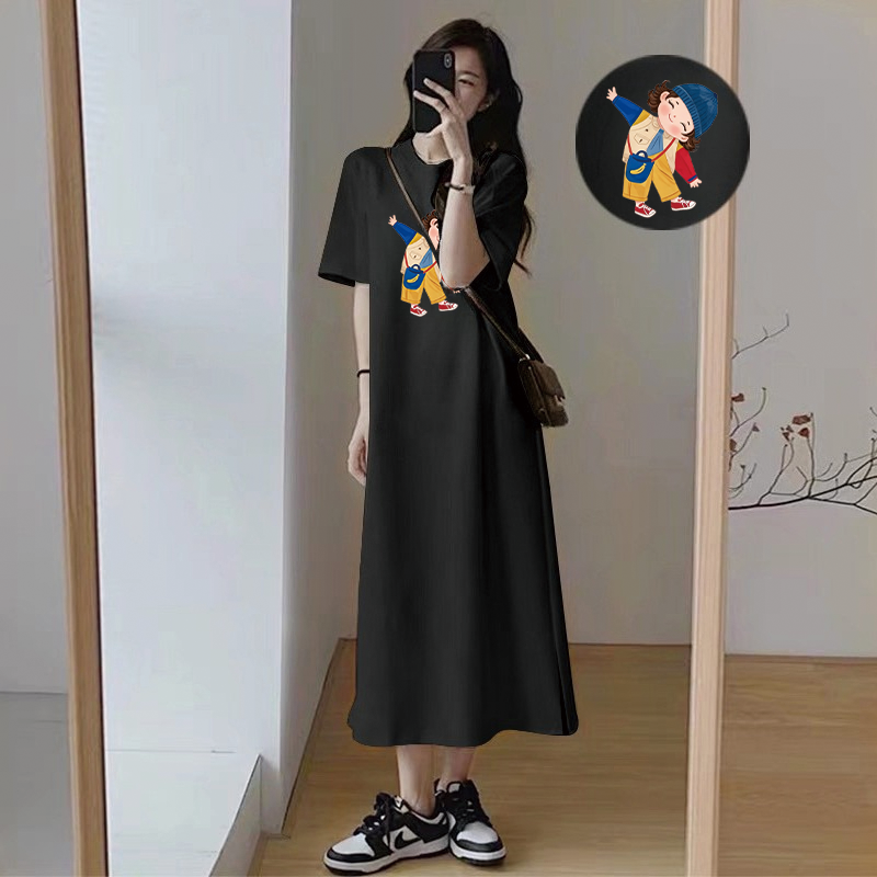 Robe longue décontractée coréenne pour femme, blanche, avec imprimé de personnage de dessin animé mignon, manches courtes amples, fente latérale, robe maxi d'été