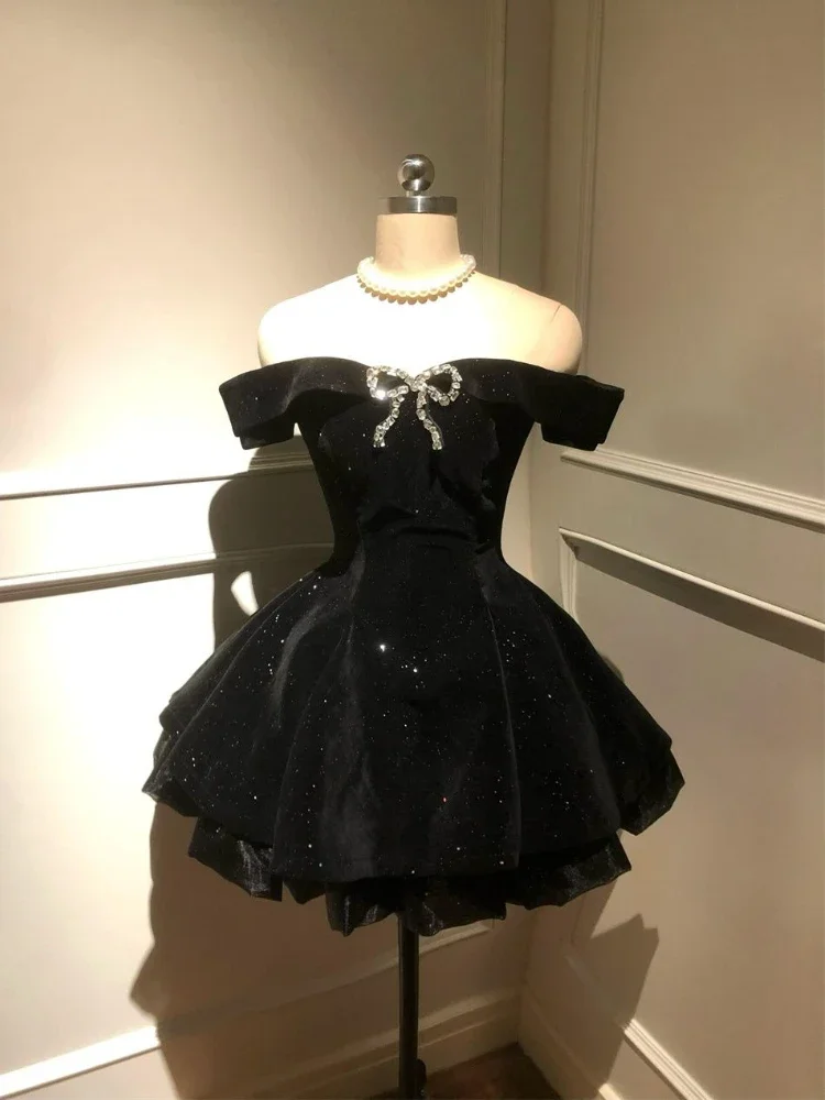 Robe de soirée noire gothique pour femmes, épaules dénudées, Vintage américain Y2k, Mini robe de bureau, tenues d'anniversaire coréennes