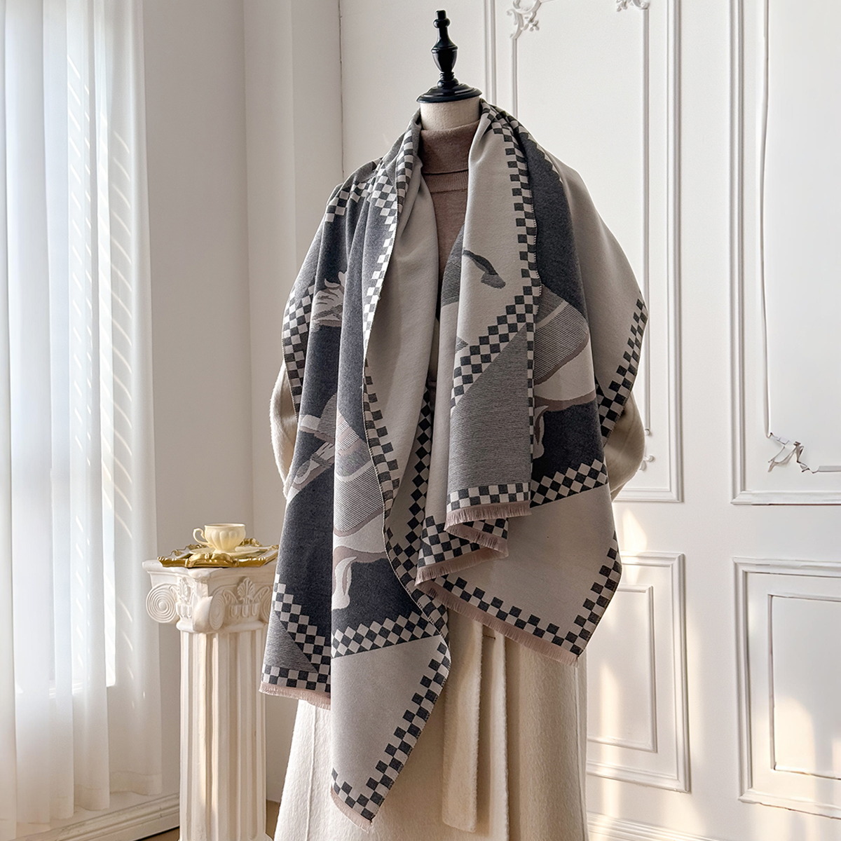 Écharpe de luxe en Faux cachemire épais pour femmes, châle doux chaud d'hiver à carreaux et imprimé cheval de guerre pour voyage et usage quotidien