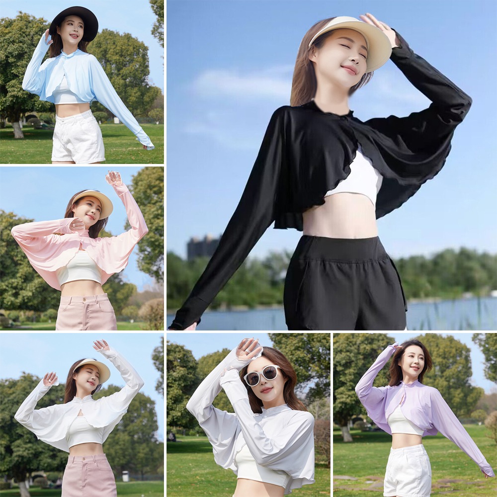 Nouvelle cape de protection solaire décontractée pour femme, couleur unie, respirante, à manches longues, en soie glacée fine, pour l'été et les activités de plein air