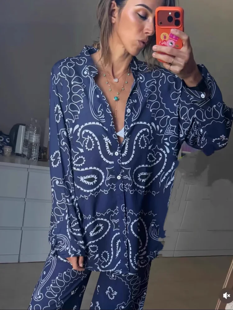 Nouvel ensemble pantalon décontracté imprimé pour femme, chic, à manches longues, col à revers, simple boutonnage, tenue quotidienne et urbaine 2026