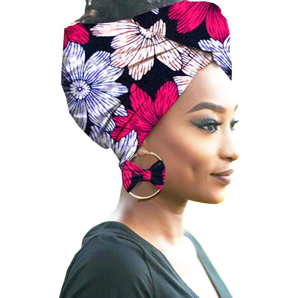 Bandeau pour femme à imprimé africain en coton avec boucles d'oreilles assorties, cagoule, foulard, bandeau, ensemble de bandeaux pour femme, accessoires pour cheveux