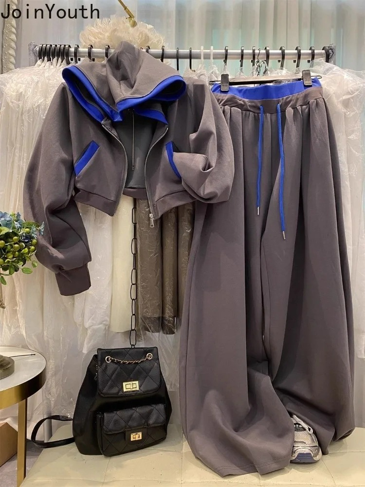 Ensemble pantalon et veste pour femme, 2 pièces, veste courte à capuche zippée, pantalon large à cordon de serrage, tenue décontractée tendance