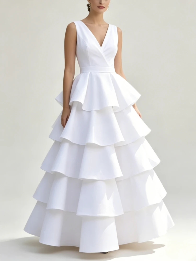 Nouvelle Robe Longue Femme 2026 – Robe Décontractée d'Été pour Femme avec Volants Superposés, Col en V, Sans Manches, Taille Haute – Tenue de Soirée