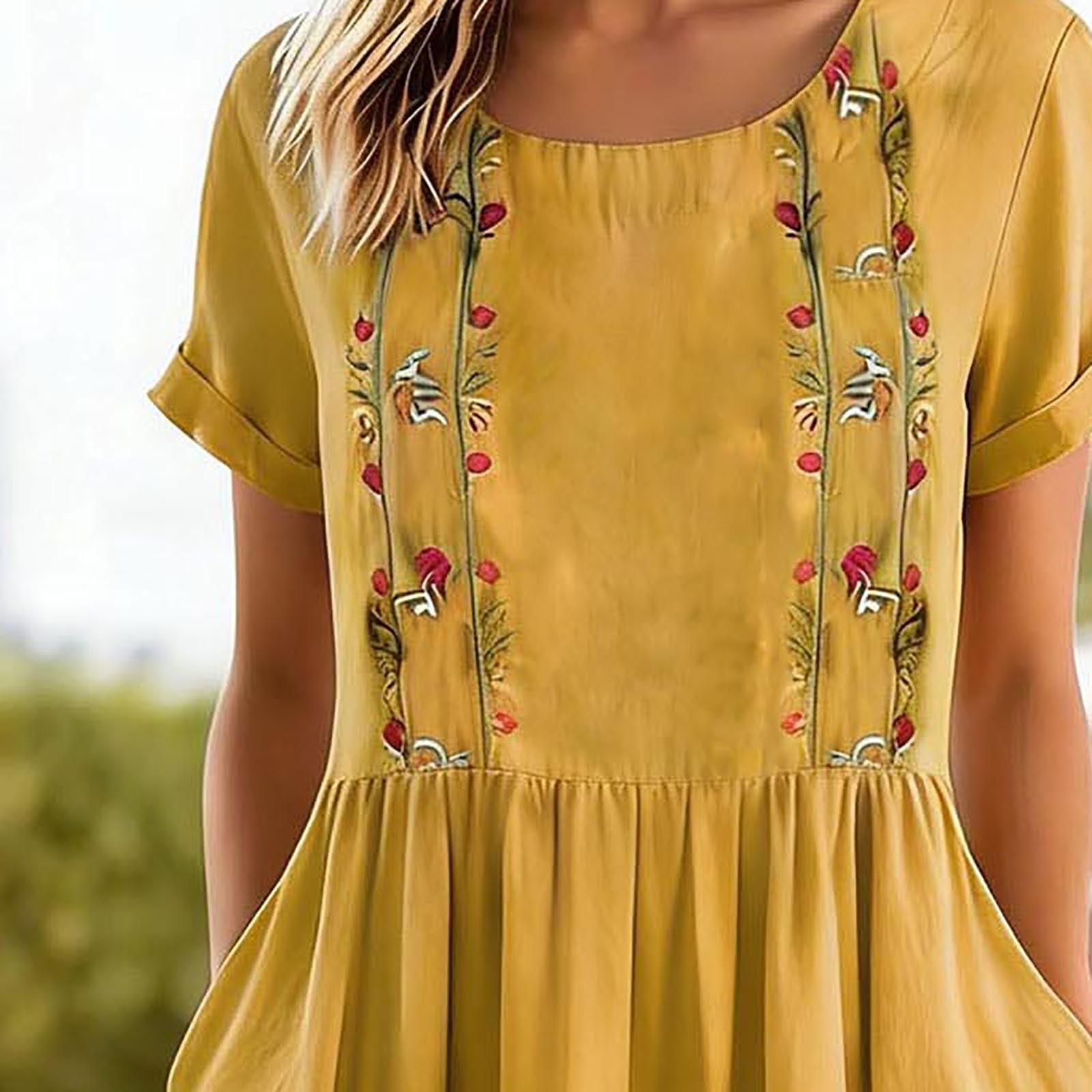 Robe décontractée bohème vintage pour femmes, en coton et lin, broderie, col rond, manches courtes, poche, robe midi, tenue de plage pour les vacances