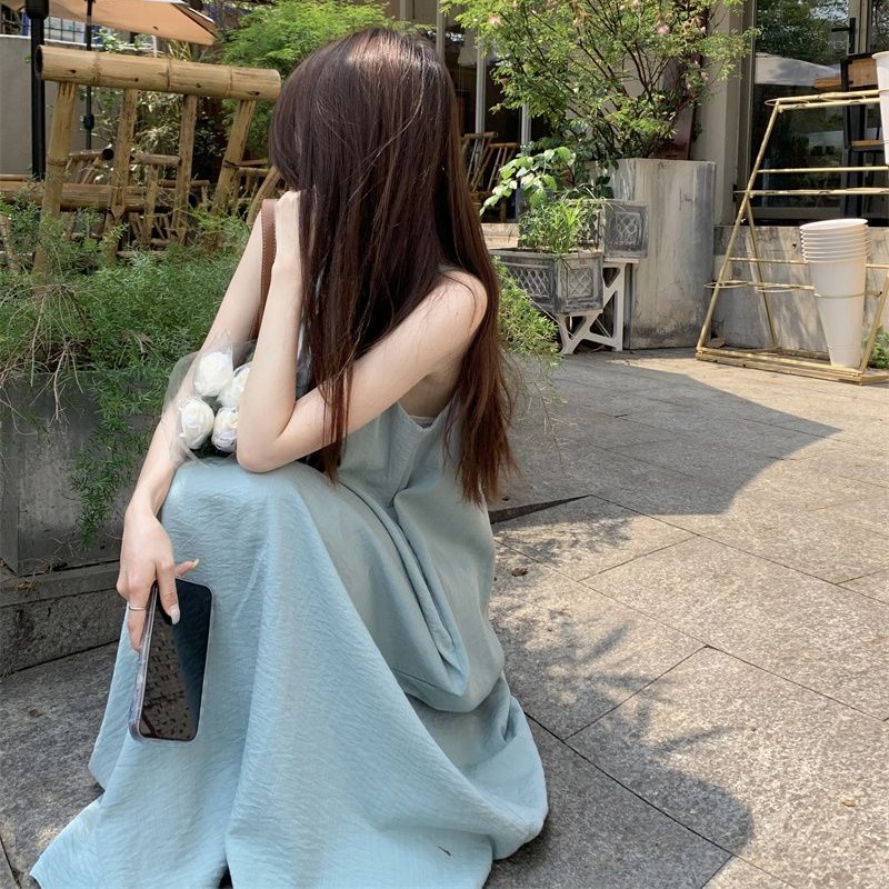 Robe longue froncée à col rond pour femme, coupe ample, dos nu, sans manches, style coréen, pour la ville