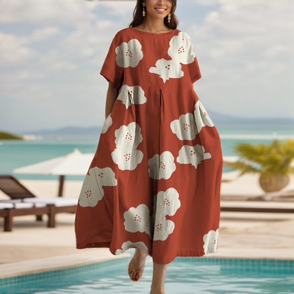 Robe à imprimé floral à manches courtes pour femmes, col rond, grand ourlet, mode adt, élégant, décontracté, trajet quotidien, femme, robe trapèze, été, nouveau