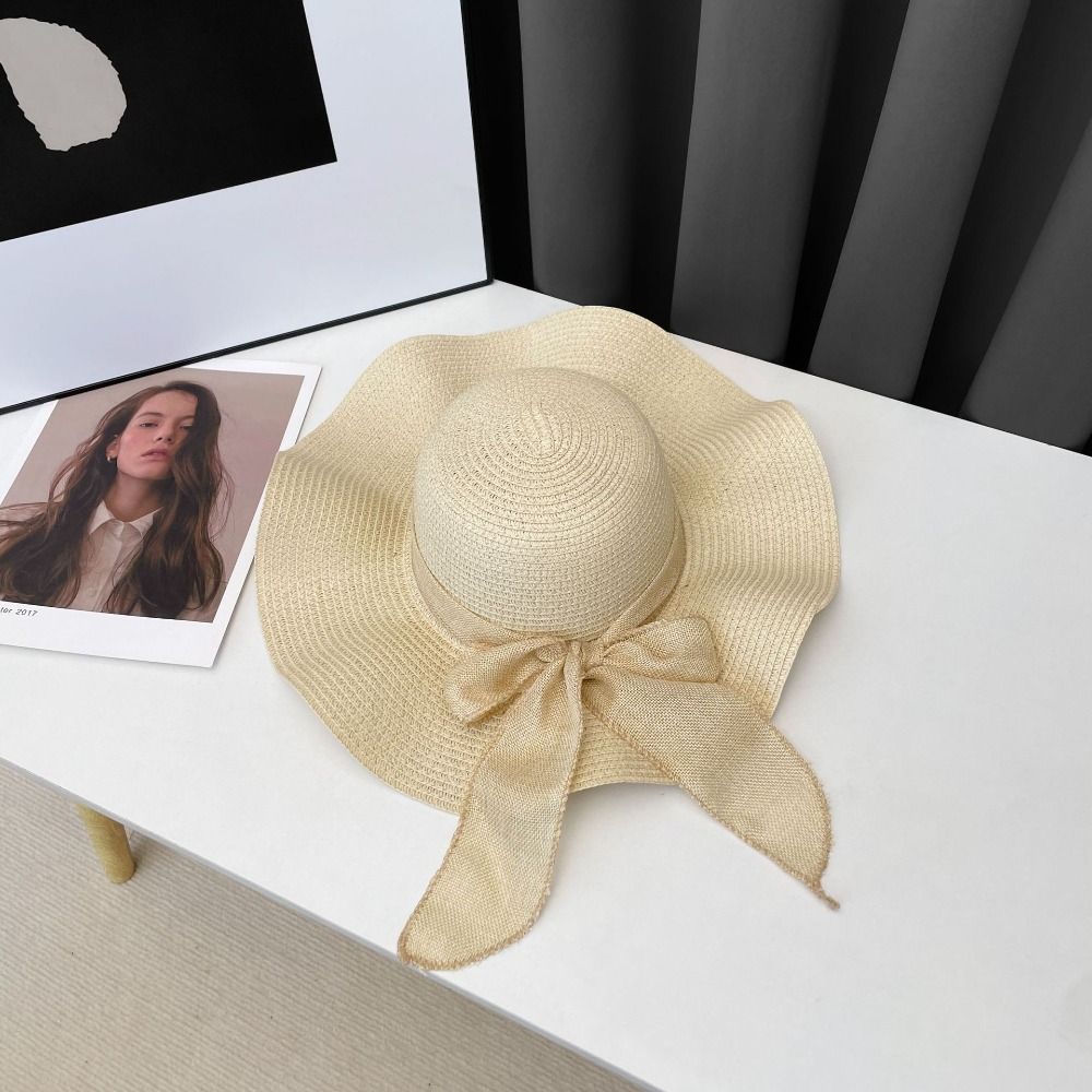 Chapeau de plage à large bord avec protection UV, rubans à nœud, chapeau de paille de voyage, casquette pare-soleil pliable portable, mode