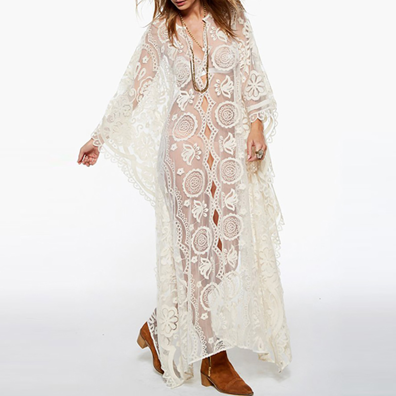 Robe longue blanche ample à col en V et manches chauve-souris pour femme, style bohème, brodée de dentelle ajourée, idéale comme robe de plage ou cache-maillot.