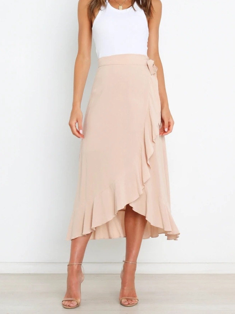 Longue jupe en mousseline de soie rose pour femmes, tenue d'été à lacets irréguliers, couleur unie, taille haute, moulante, noire, 2026