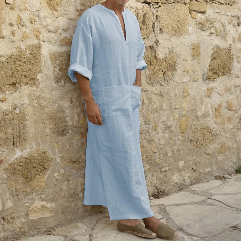 Nouveaux hommes Jubba Thobe caftan musulman arabe islamique col en v à manches courtes solide coton lin Robes mode musulmane arabie homme abaya