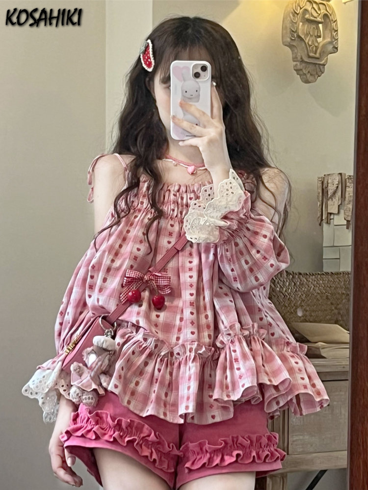 Ensemble deux pièces à carreaux Kawaii pour femmes, short décontracté en Y à volants, vêtements d'été doux, ensembles coréens Sutit, mode d'été Y2k