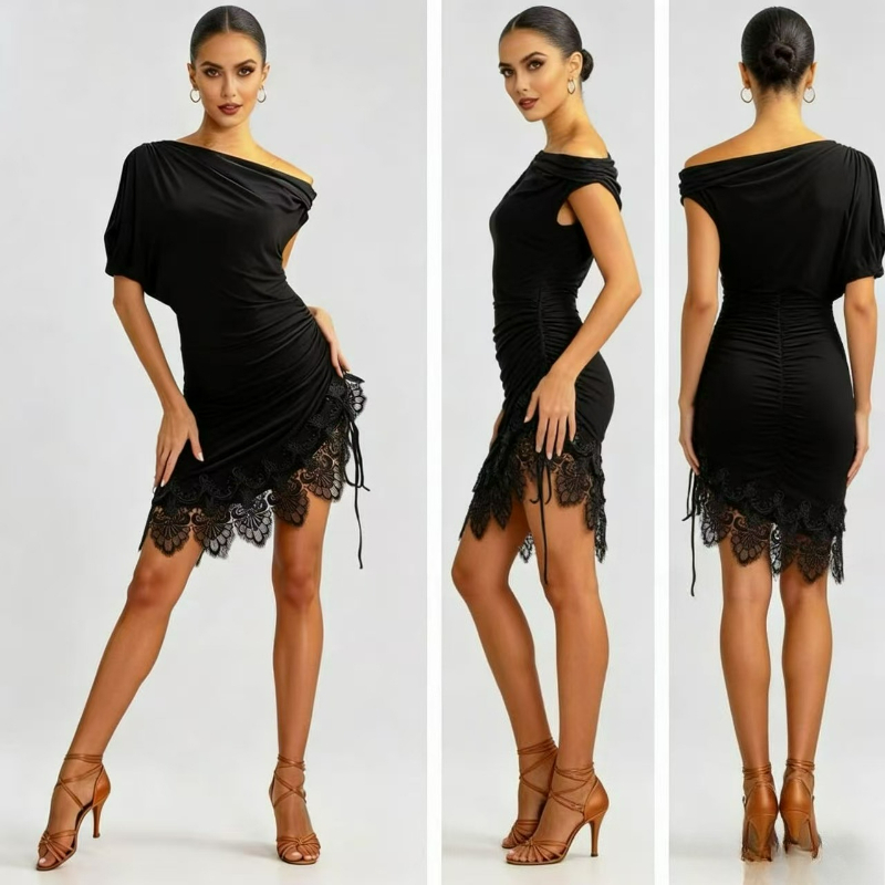 Robe de danse latine noire pour femme, manches courtes, épaules asymétriques, jupe en dentelle, tenue de compétition de Rumba Cha Cha pour scène et salle de bal