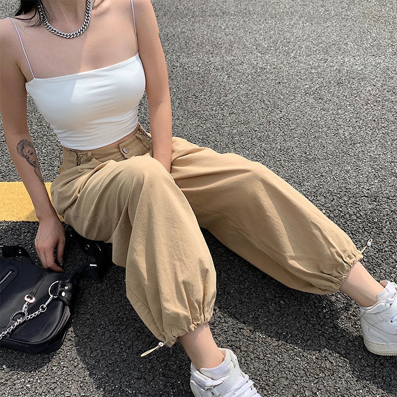 Pantalon cargo monochrome pour femme, bloomers à poches assorties, streetwear décontracté, vêtements de printemps et d'automne, mode féminine