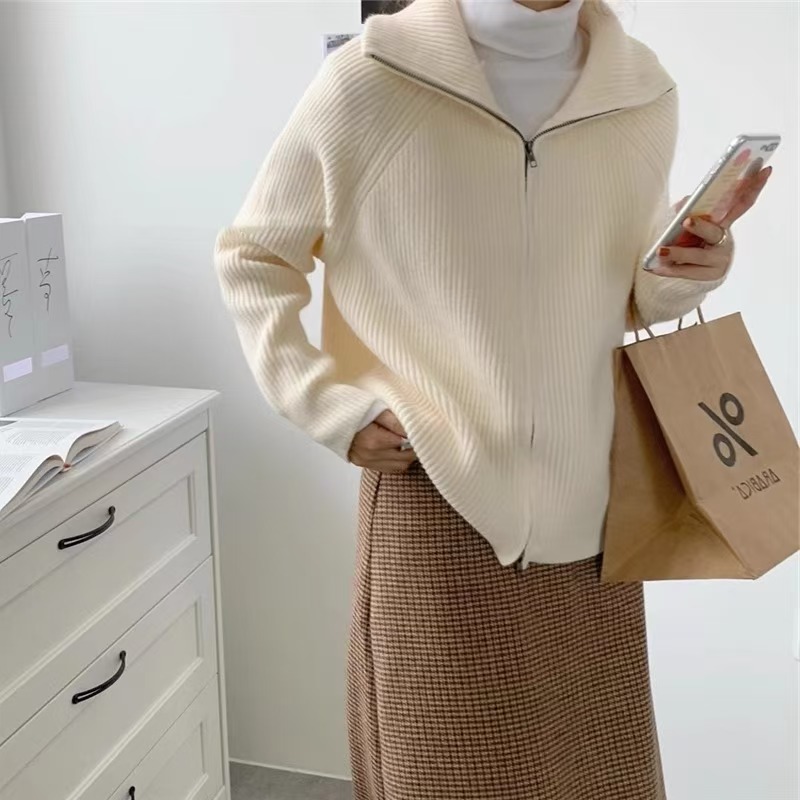 Cardigan ouvert Chic pour femmes, fermeture éclair Unique, tricoté, ample, pour automne hiver, Style coréen, offre spéciale, col rabattu, Simple, solide