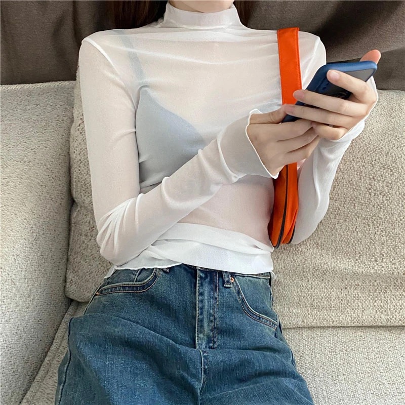 Femmes Sexy T-Shirt voir à travers des hauts en maille transparente à manches longues pure mince dames solide col roulé en soie T-Shirt dentelle haut court