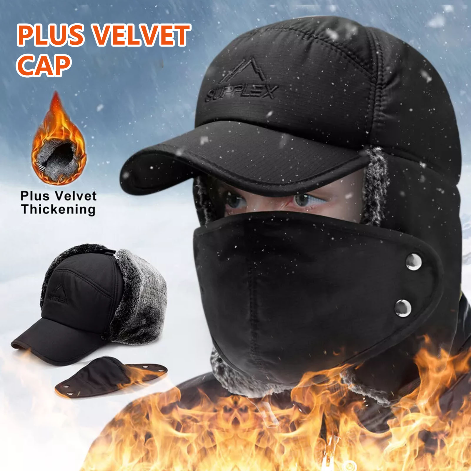 Chapeau de fourrure d'hiver pour hommes avec oreillettes et masque facial coupe-vent chaud doublé polaire Ski neige moto casquette d'équitation noir gris bleu marine