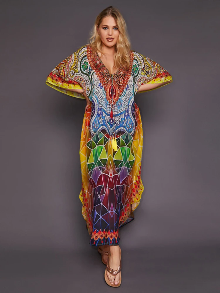 EDOCircnSA-Robe de plage maxi imprimée style bohémien, grande taille, kaftan d'été, vêtements de plage, cover-up pour les vacances, Q30/10/2018