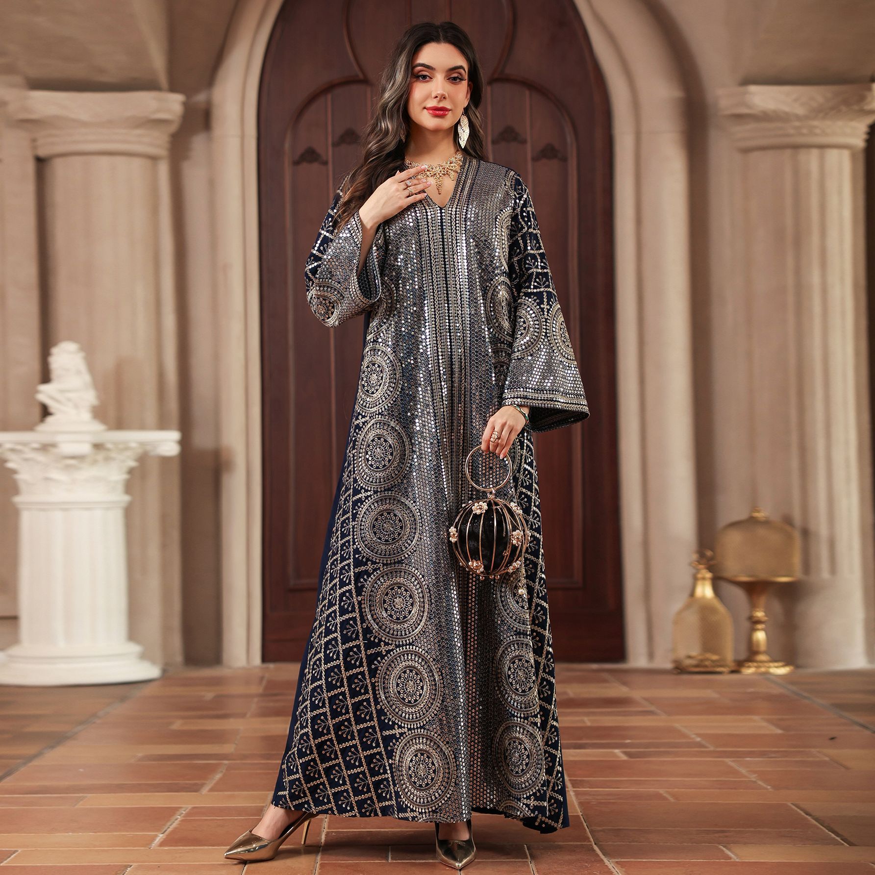 Robe longue de fête pour femme musulmane, Abaya, Kaftan, Jalabiya, Robe arabe, brodée de sequins, pour l'Aïd et le Ramadan, style Maroc Dubaï 2026