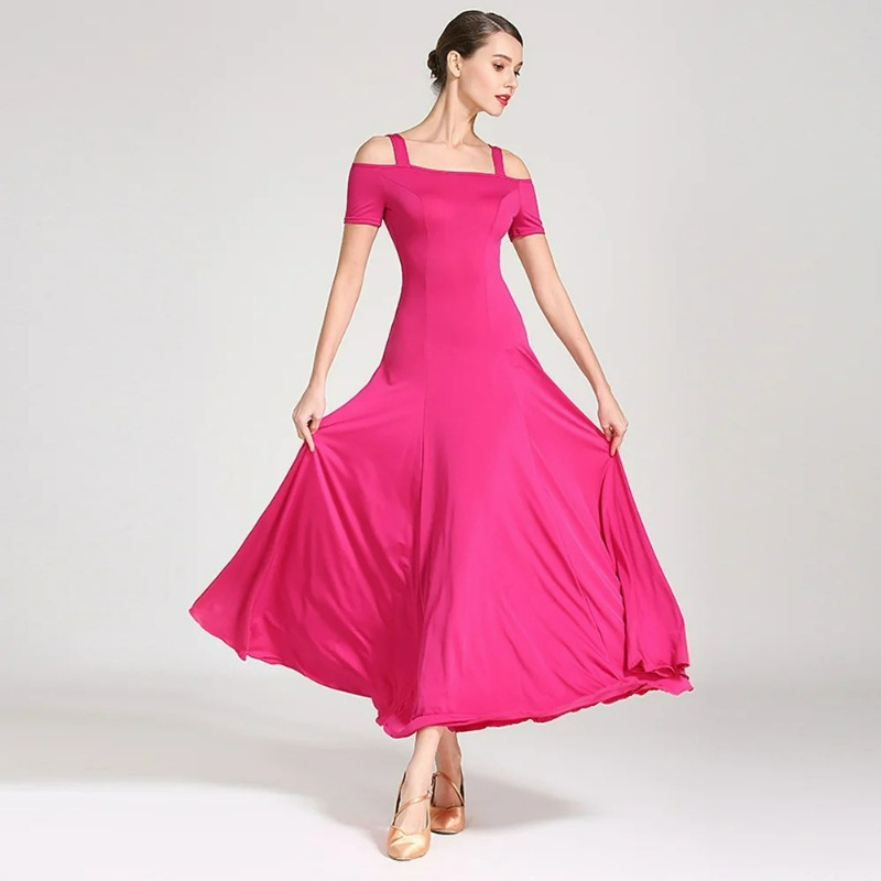Robe de danse longue pour femme, à bretelles, manches courtes, jupe midi, pour Salsa, Danse Standard, Danse Moderne, Danse Swing, Spectacle, Soirée et Fête