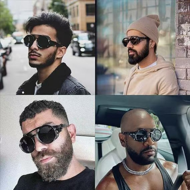 Lunettes de soleil steampunk pour voyages d'été, hommes et femmes, lunettes de soleil classiques avec monture ronde en cuir latéral, verres punk UV400