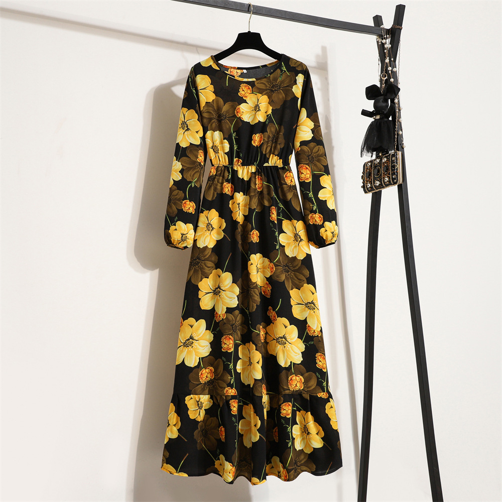 Robe longue en mousseline de soie pour femmes, manches longues, style bohème décontracté, taille haute, pour la plage, motif floral, automne