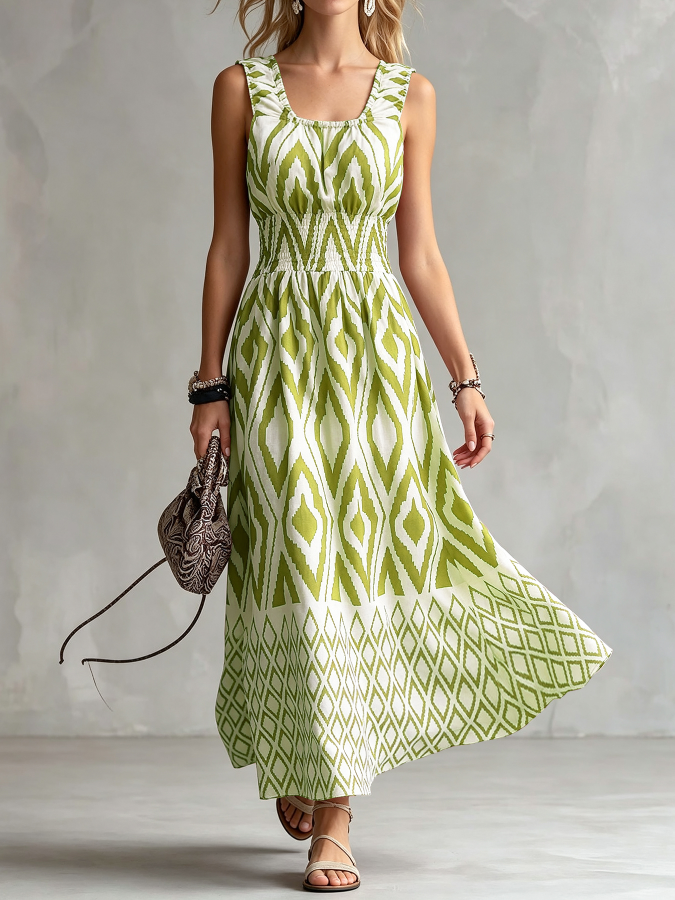 Robe midi décontractée pour femme, style vintage ethnique, motif Ikat, sans manches, col carré, buste smocké, à volants