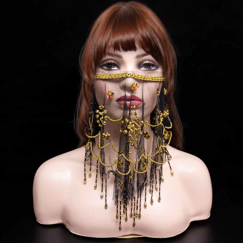 Voile facial de danse du ventre pour femmes, accessoires de costume de danse indienne, masque de mascarade Tribal à paillettes, écharpe enveloppante, masque à pompon