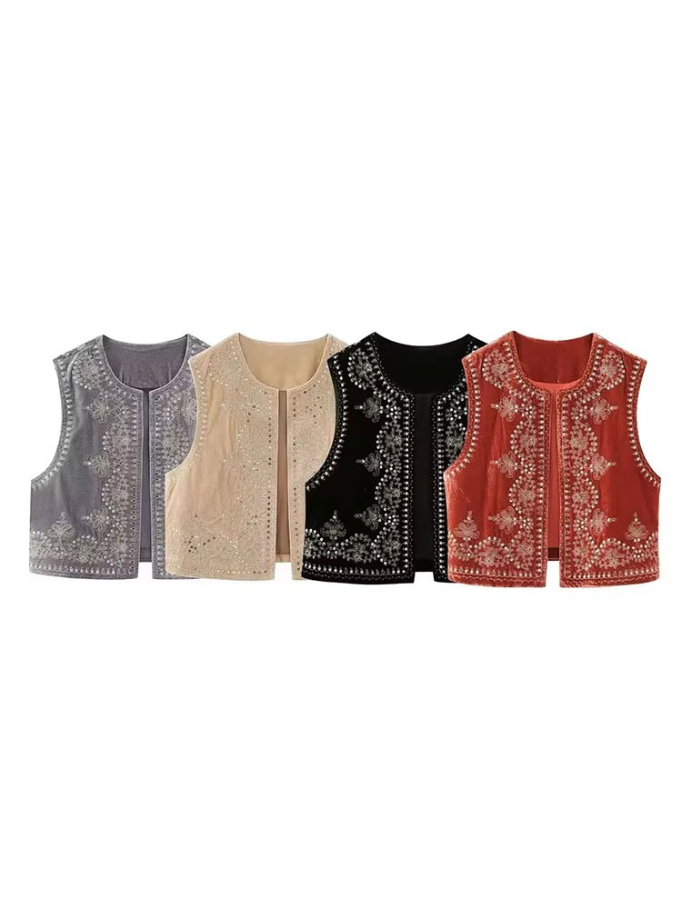 Vintage automne velours brodé gilet sans manches veste femmes col en V Chic gilets femme mode gilets manteau 2023