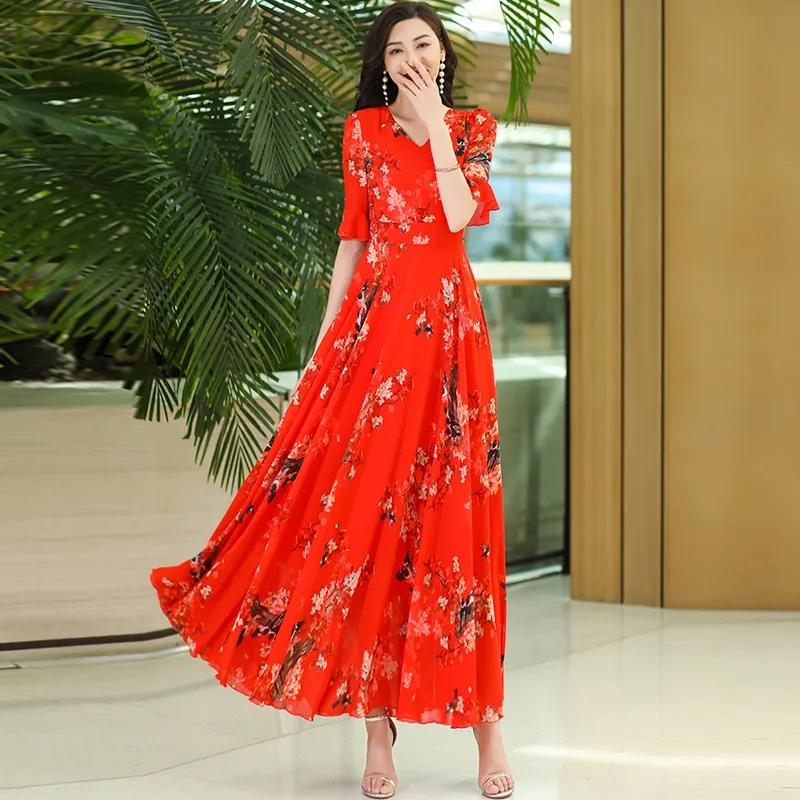 Robe longue imprimée en mousseline de soie pour femme, robe de plage mince bohème, col en V, manches moyennes, robe de soirée féminine, robe éducative, 4XL, nouveau, été, 2024
