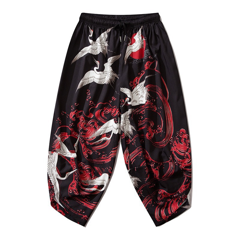 Pantalon Kimono japonais Vintage, pantalon fleuri, imprimé grue ondulée, pour femmes et hommes, vêtements traditionnels asiatiques, Costume de Cosplay