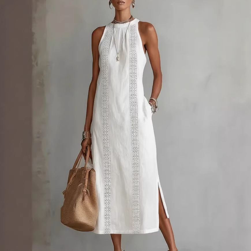 Collection Printemps 2026 Vêtements Femme : Robe de Vacances à Col Noué avec Accents en Dentelle Couleur Unie, Sans Manches.