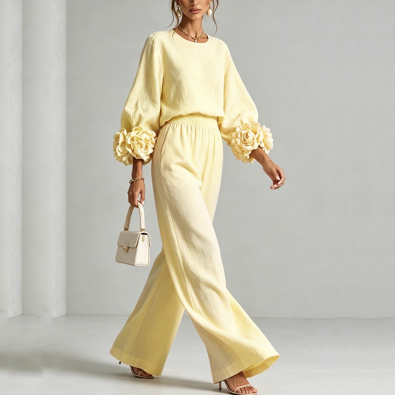 Ensemble 2 pièces pour femme : Haut à col rond et manches longues bouffantes, motif floral 3D + pantalon large à taille élastique – Tenue élégante et décontractée pour le bureau, collection automne
