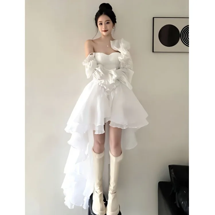 Robe élégante à épaules dénudées pour femmes, tenue blanche, taille Slim, manches longues, début du printemps, Y2k, nouvelle collection