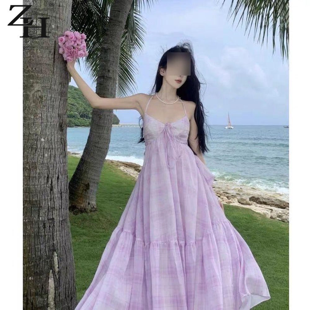Robe de plage longue à bretelles françaises, style féerique, dos nu, avec nœud, fluide et à volants, idéale pour les vacances à la mer et les pauses thé.