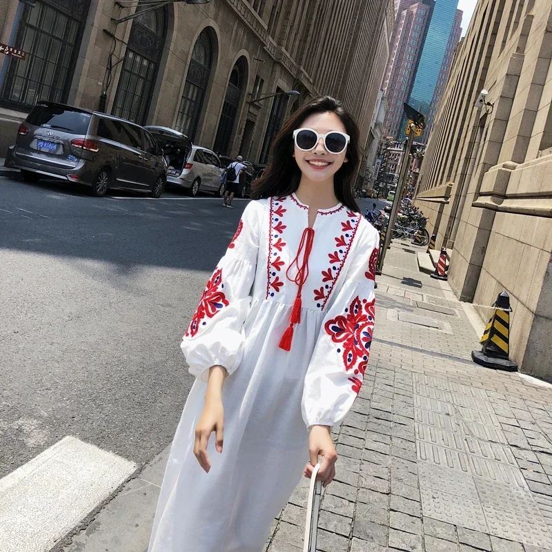 Robe plissée à fleurs brodées bohème pour femmes, col rond, manches lanterne, taille haute, tout match, éducatif, femme, automne, PL393