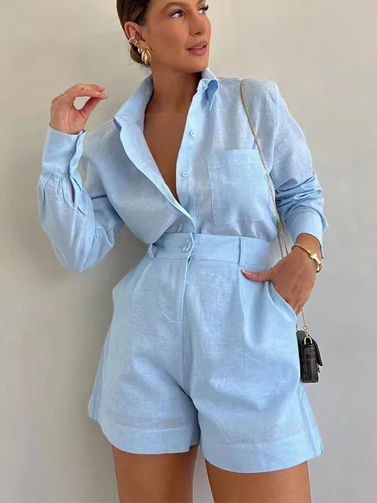 Ensemble 2 pièces à manches longues pour femmes, décontracté, Simple, poches à boutons, pantalon court avec dessus de chemise, costume à la mode, tenues féminines, été 2024