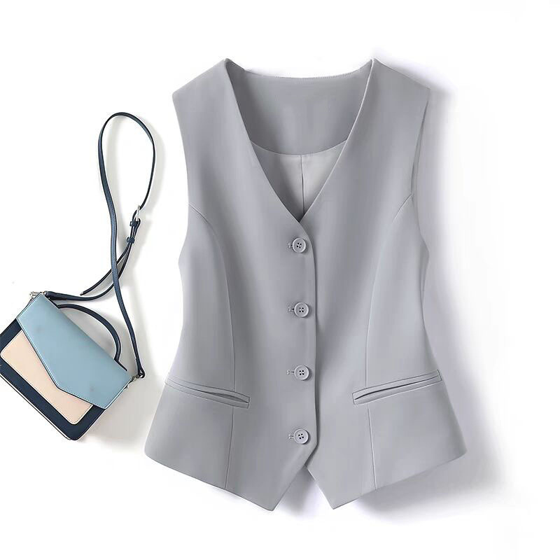 Gilet pour femme 2026, nouvelle collection printemps-automne, coupe ajustée, couleur unie, poches, col en V, gilet court, vêtements pour femmes
