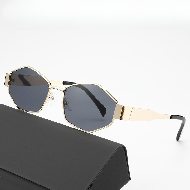 Lunettes de soleil tendance populaires, lunettes de soleil polygonales en métal, lunettes de soleil haut de gamme pour femmes, idéales pour la photographie de rue.
