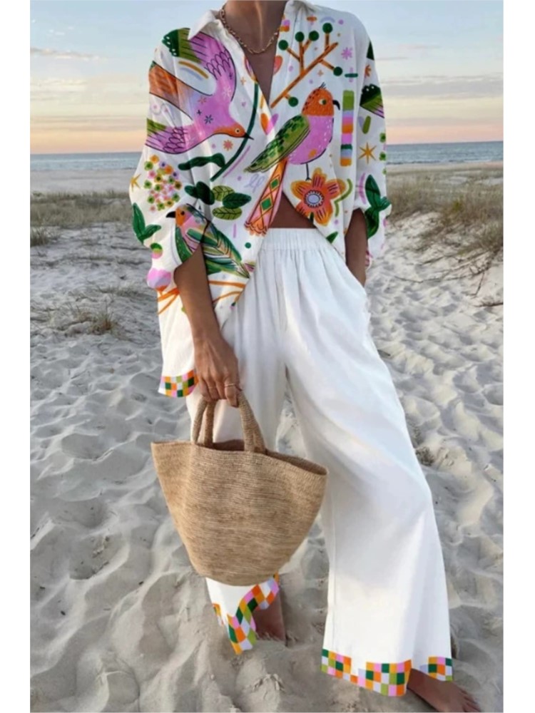 Ensemble de vacances d'automne pour femmes, chemise imprimée à manches longues + pantalon à jambes larges, ensemble 2 pièces pour femmes, vêtements Boho, nouvelle collection