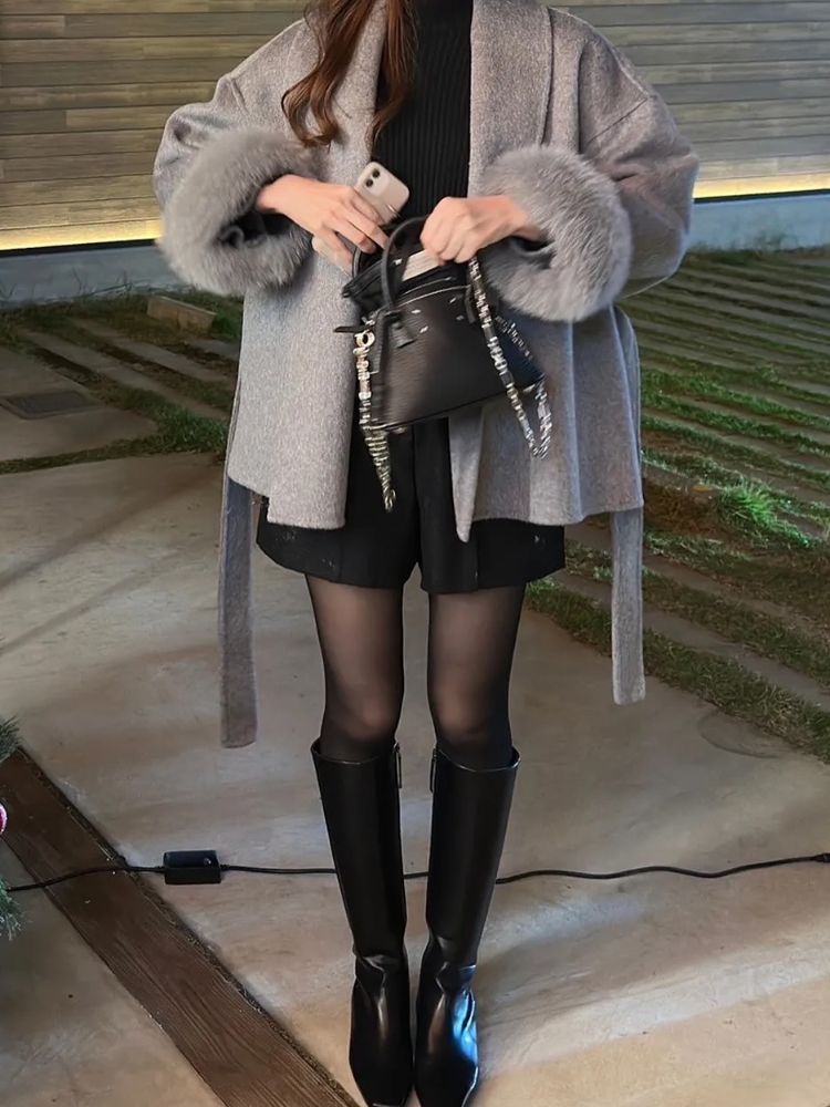 Manteau en laine à col roulé pour femme, élégant, col montant, bouton à une rangée de boutons, manteau ample avec nœud, manteaux de rue pour les déplacements quotidiens