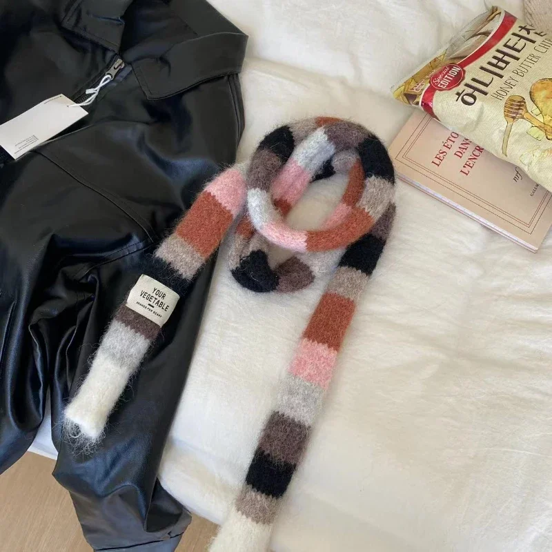 Écharpe fine en laine tricotée avec épissure de couleur chaude, rayé contrasté, saucisse, 2024