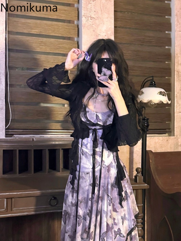 Robe tenues 2 pièces ensembles femmes vêtements dentelle chemises courtes Vintage papillon imprimé gaze robes irrégulières costume Chic ensemble d'été