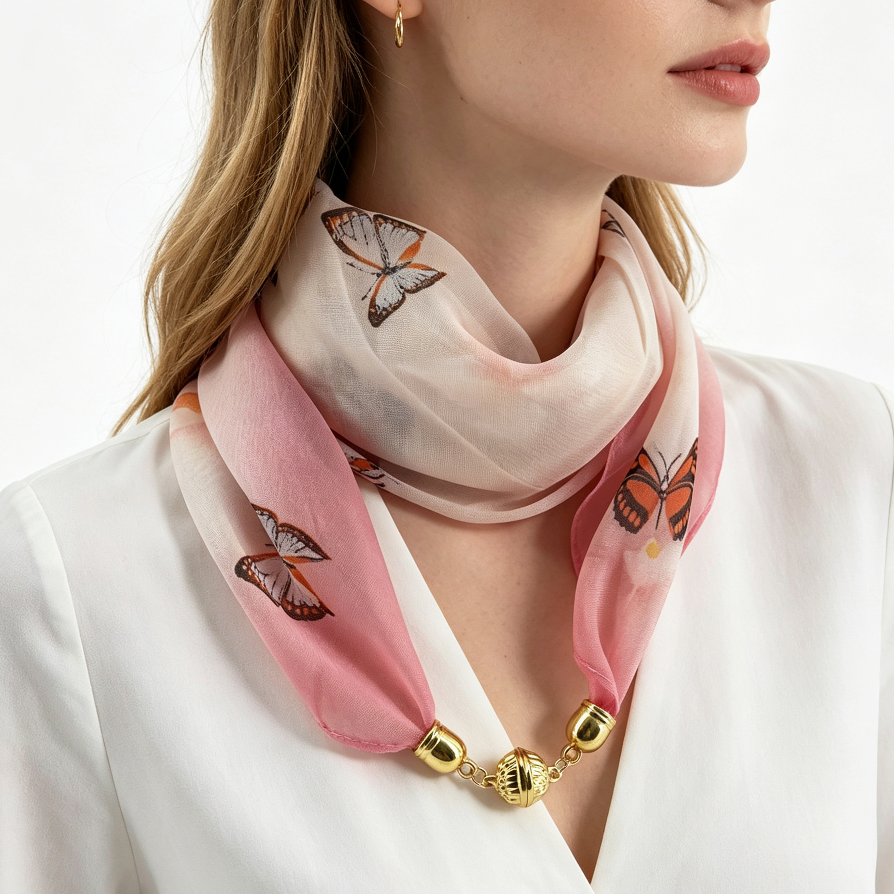 Écharpe à imprimé papillons avec boucle magnétique, foulard décoratif fin en mousseline, sans nœud complexe, facile à porter et à enlever