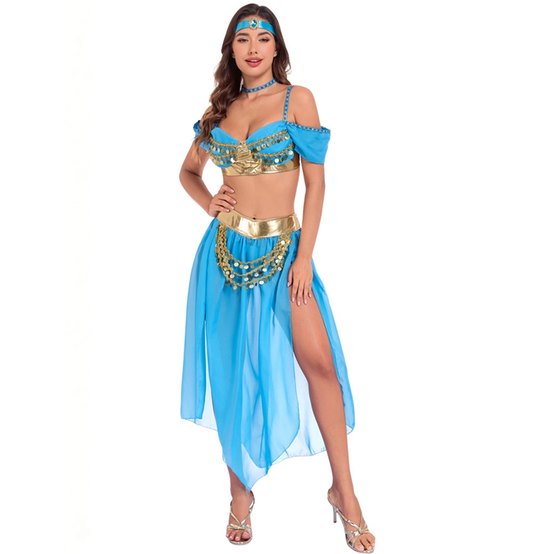 Costume de danse du ventre Arabian Nights pour femmes, costume de princesse Genie bleu et or, tenue sur le thème de la lampe magique, cosplay, robe de fête d'Halloween